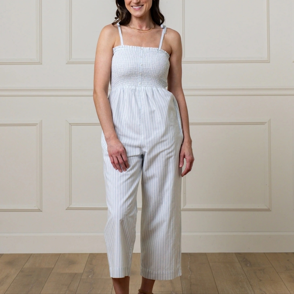 Hope & Henry Organic Smocked Button Front Jumpsuit Blue White Stripe  NWT 8